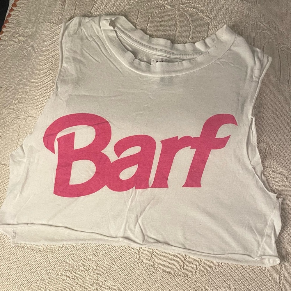 Barbie Barf Altered crop Top Petals and Peacocks rude graphic T Y2K